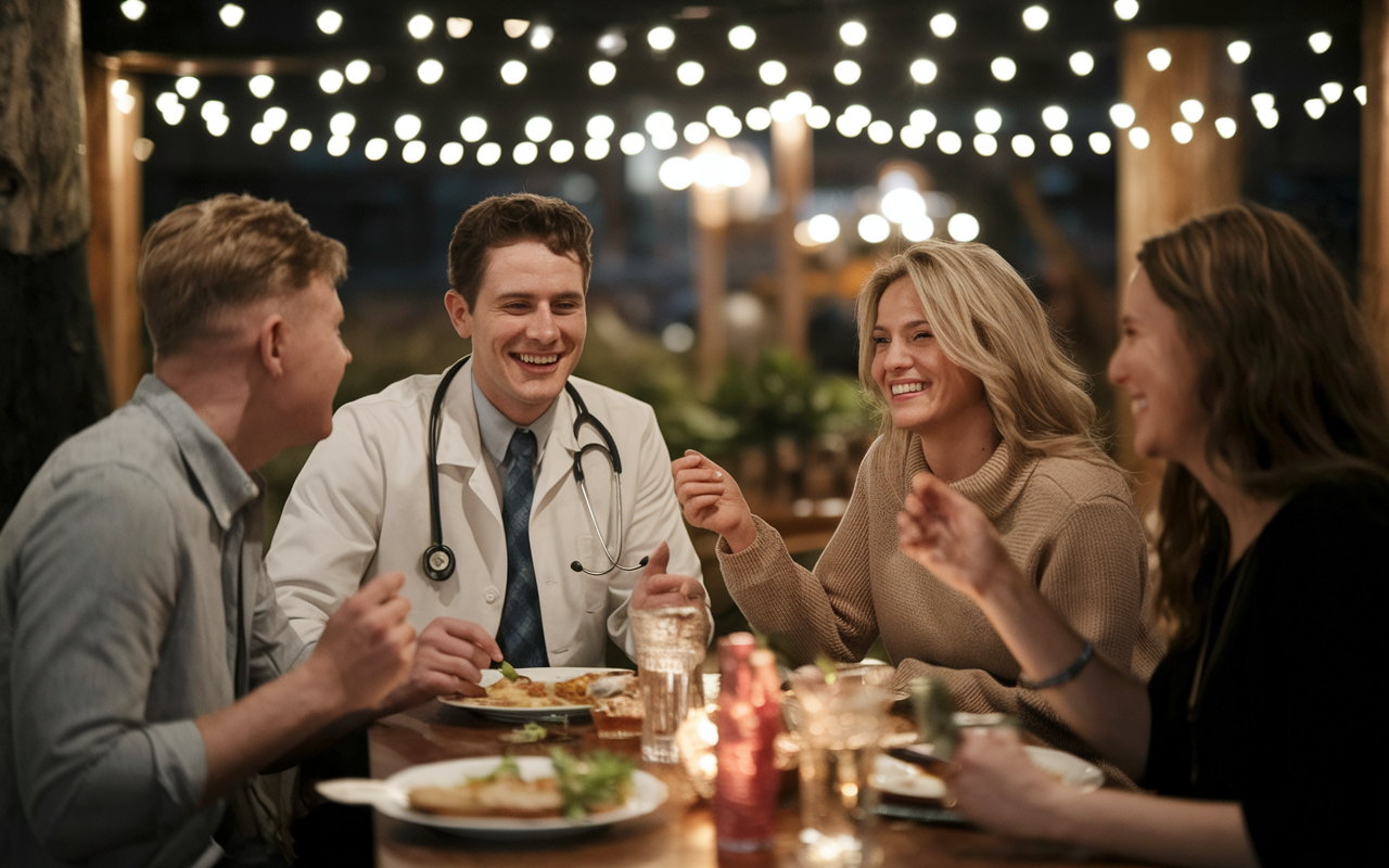 A heartwarming scene showing a medical student enjoying a moment with family and friends in a warm setting, perhaps at a casual dinner table filled with food and laughter. The cozy environment, adorned with string lights, encapsulates the importance of maintaining personal relationships amidst the rigors of medical training.