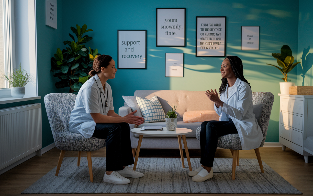 A caring counselor's office, lit with calming, warm lighting, depicting a medical student having an open discussion with a mental health professional. The room is filled with motivational quotes and cozy furnishings, symbolizing support and understanding. The scene evokes feelings of hope and recovery, showcasing the importance of seeking help.