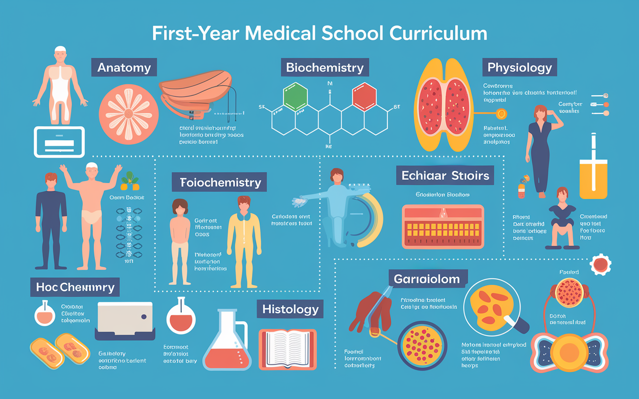 A colorful infographic displaying the structure of a first-year medical school curriculum, highlighting key subjects like Anatomy, Biochemistry, Physiology, and Histology. Each subject is represented with engaging icons and diagrams, illustrating the concepts of human body structures, chemical compounds, and cellular structures. The image maintains a clean, educational aesthetic with a balanced layout and vibrant color scheme that captivates the viewer's attention while providing informative content.