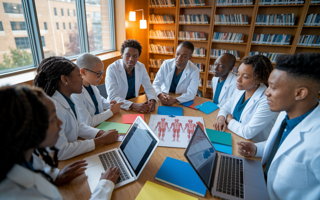 A study group of diverse first-year medical students gathered in a library, deeply engaged in discussion around a table piled with anatomy textbooks and colorful notes. Each student has a laptop open, with one of them explaining a diagram of human anatomy, highlighting teamwork and support. The warm lighting from nearby windows creates an inviting atmosphere, while wall bookshelves filled with medical literature add an educational ambiance. The scene radiates camaraderie, engagement, and focus.