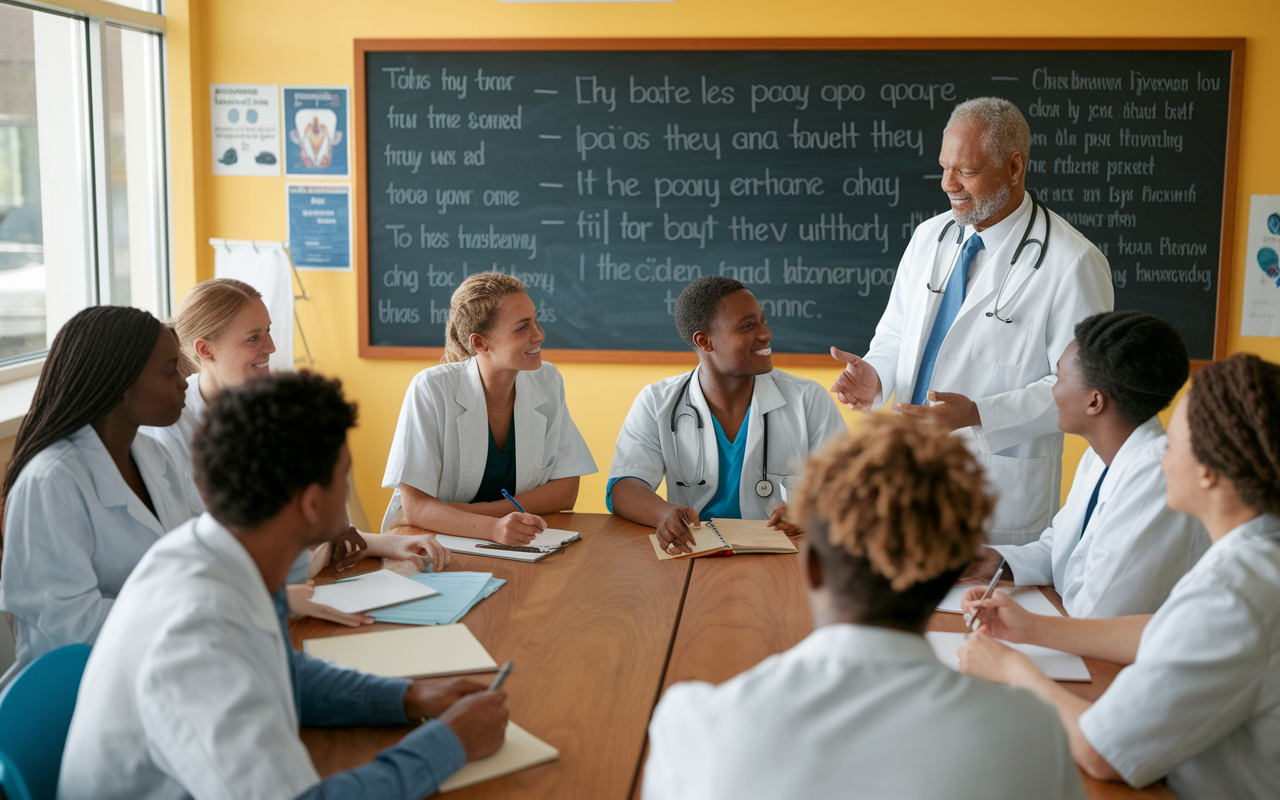 A warm scene showing a diverse group of medical students interacting during a mentorship workshop in a well-lit classroom. One mentor, an experienced physician, is sharing insights with an attentive group, while students are taking notes and engaging in discussions. The classroom is decorated with motivational posters and features a chalkboard filled with inspiring quotes about perseverance and teamwork. Bright, inviting colors create a sense of community and encouragement.