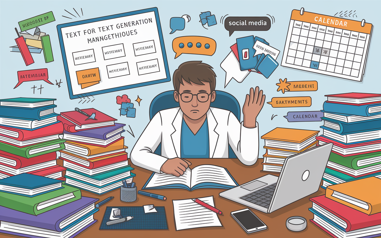 A chaotic scene depicting a first-year medical student at a cluttered desk, surrounded by stacks of textbooks, a laptop showing multiple open tabs, and a phone buzzing with notifications. The student appears overwhelmed, with diagrams representing the volume of material, distractions from social media, and a calendar filled with competing commitments displayed in the background. The atmosphere illustrates stress and the need for effective time management techniques.