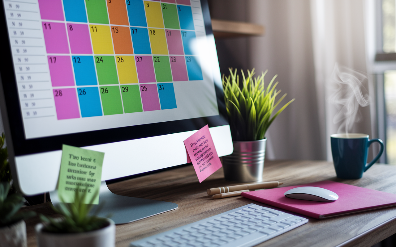 A close-up of a computer screen showcasing a vibrant digital calendar filled with colorful blocks denoting different activities, such as classes, study sessions, and personal time. The workspace is neat, exuding a sense of organization and control, with a potted plant and a steaming coffee mug in the foreground. Soft daylight filters through the window, enhancing a productive atmosphere.