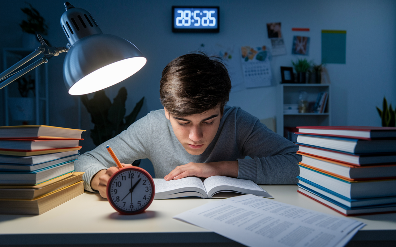 An engaging scene depicting a student using the Pomodoro Technique at a study desk. A kitchen timer set to 25 minutes is visible, with study materials neatly organized around the student, who is deeply engrossed in reading. A digital clock on the wall shows time passing, and the atmosphere is focused and productive, illuminated by a desk lamp.