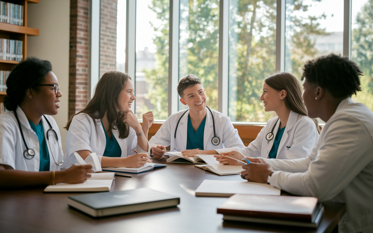 A warm, inviting scene showing a group of first-year medical students studying together in a library study room. They are engaged in discussion, sharing notes, and supporting each other in a collaborative atmosphere. Books and laptops are scattered on the table, and large windows let in natural light, fostering a sense of community and teamwork.