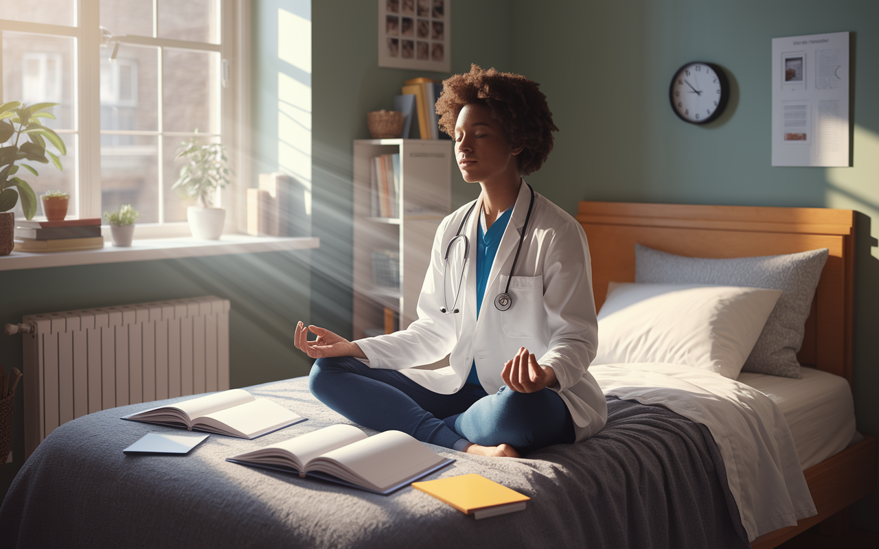 A young medical student sitting on a bed in a softly lit dorm room, with a serene facial expression as they meditate in the morning light. The room is cozy, with a few open textbooks and notes scattered around. A gentle beam of sunlight highlights their calm demeanor, and a small clock shows it's early morning, symbolizing new beginnings and mental clarity. The art style should be photorealistic, capturing the peaceful atmosphere and reflective moment.