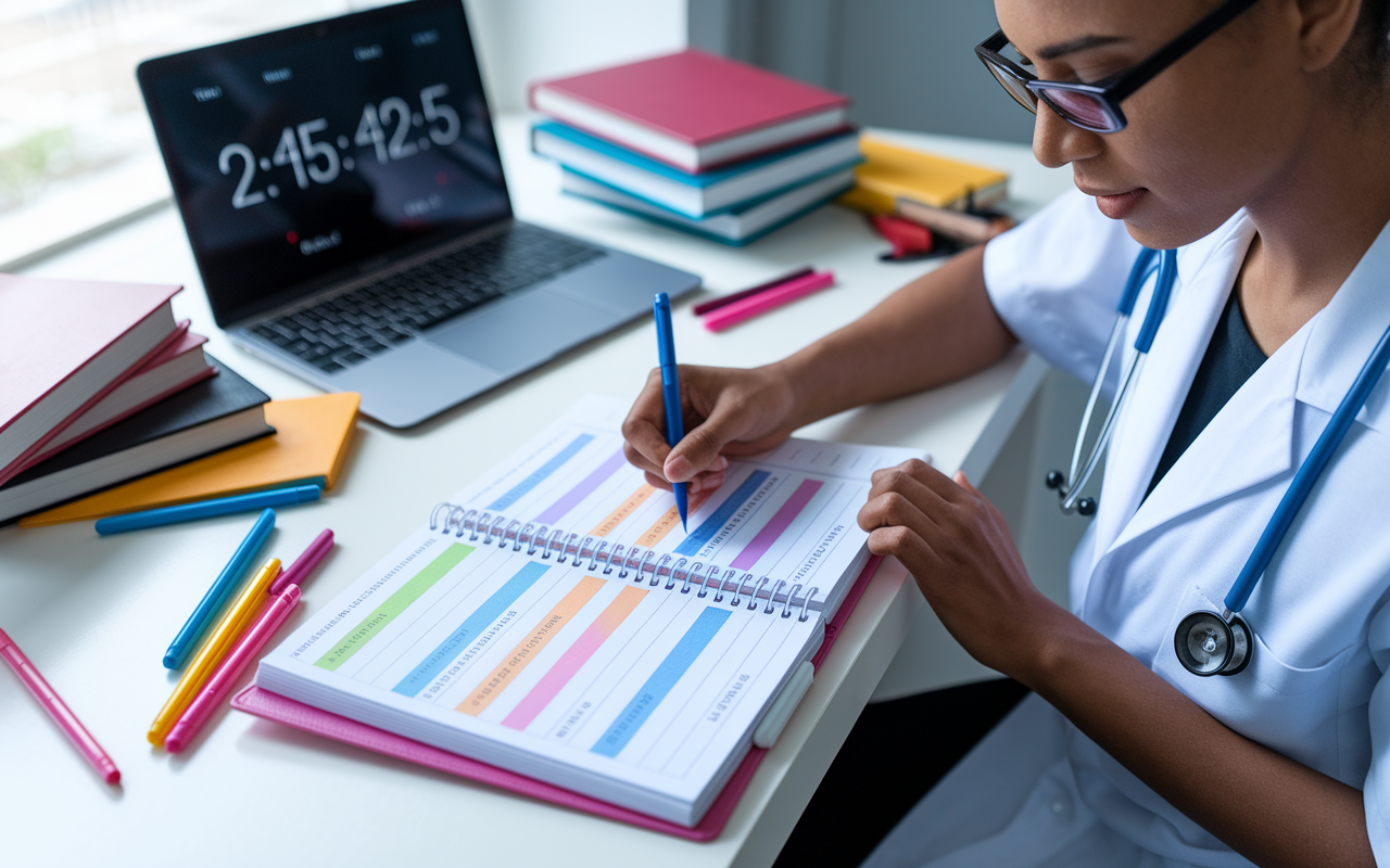 A focused medical student sitting at a study desk cluttered with textbooks, colored pens, and a planner. The planner is open, showing a detailed weekly schedule filled with colorful time blocks. A laptop is open with a timer app displaying a countdown, and the student has a determined expression, embodying productivity and effective time management. The lighting is bright and inviting, enhancing the sense of learning and organization.