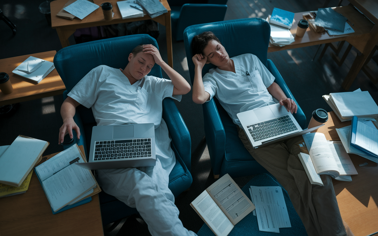 Two exhausted medical students in a shared study space, sitting with laptops open and stacks of medical textbooks beside them. One student leans back in their chair, rubbing their temples in exhaustion, while the other maintains focus on the screen, showing a mix of determination and weariness. Dim overhead lighting casts soft shadows across the room, filled with scattered notes and coffee cups. The atmosphere is filled with a sense of urgency and camaraderie amidst the rigors of medical training.