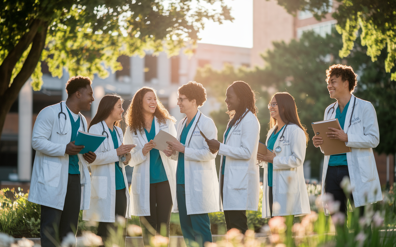 A diverse group of medical students sharing a moment of laughter in the campus courtyard, surrounded by green trees and flowers, capturing the essence of bonding and support. They’re engaged in a lively discussion while holding study materials. Golden hour sunlight filters through the leaves, creating a warm, inviting atmosphere. The sense of joy and companionship radiates as they uplift each other during their challenging journey in medical school.