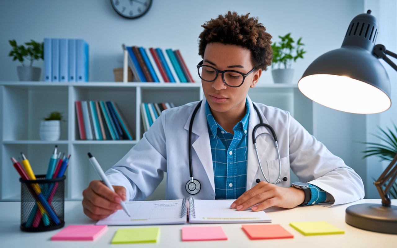 A medical student sitting at a bright study desk, focused on organizing their planner with colorful pens and sticky notes. The background features books on medicine and a wall clock indicating the time. Attentive expression showing determination and balance as they integrate study and social time into their schedule, enveloped in soft, warm light from a desk lamp. The sense of purpose and strategy permeates through the organized chaos of medical school life.