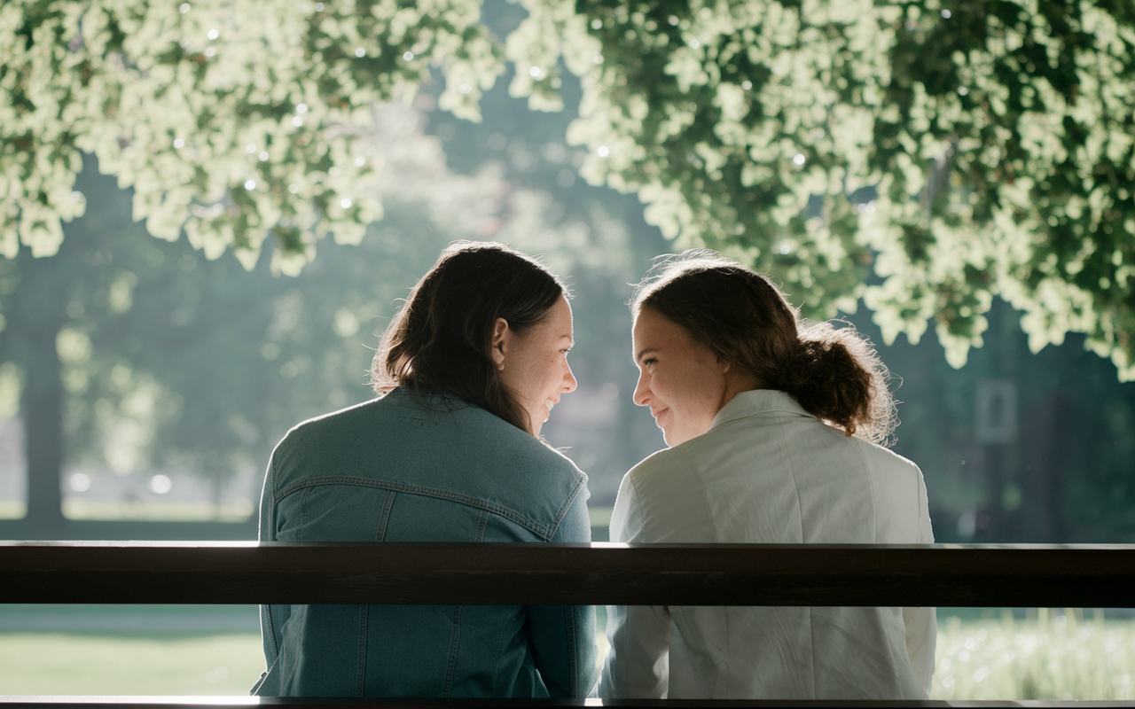 A serene scene in a park where two close friends sit on a bench, deeply engaged in a heartfelt conversation. Soft dappled sunlight filters through the leaves above, creating a peaceful setting that emphasizes intimacy and understanding. The expressions of both individuals reflect warmth and genuine connection, showcasing the importance of meaningful relationships during the demanding times of medical school.