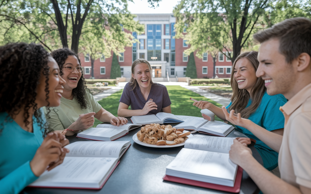 A joyful collage of Sara and her study group gathered around a table spread with medical textbooks, laptops, and snacks. They are laughing and sharing insights while preparing for exams, with a background view of a campus building filled with trees outside. The atmosphere is vibrant, showcasing friendship within the context of hard work, and a sense of accomplishment blends with relaxation.