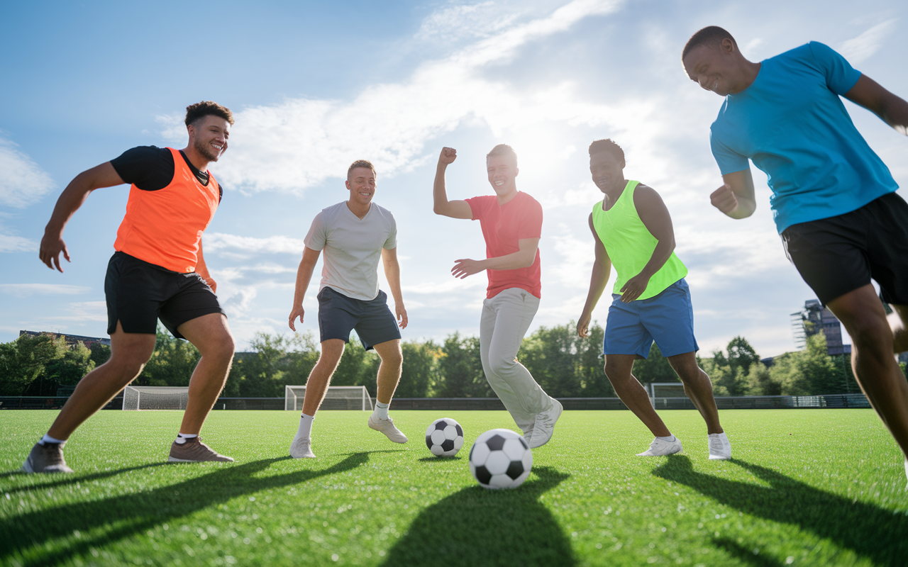 A dynamic scene on a sunny soccer field where James and his friends are engaged in an exciting practice session. The energy is palpable as they laugh and cheer, showcasing teamwork and physical activity amidst the beautiful backdrop of green grass and blue skies. This moment highlights the importance of maintaining physical health, camaraderie, and balance in the busy life of a medical student.