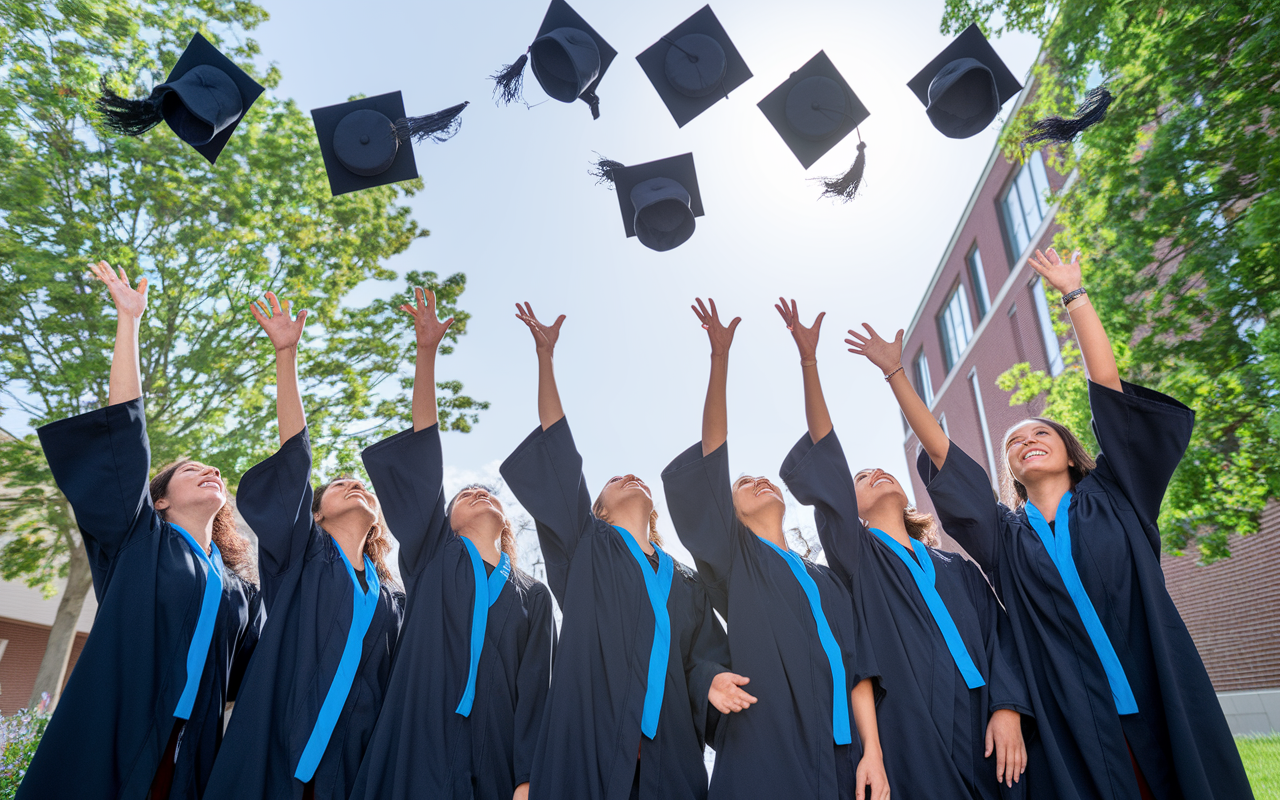 A celebratory scene capturing a group of medical students throwing their graduation caps in the air against a backdrop of their campus after a successful completion of their studies. The image radiates joy, accomplishment, and camaraderie, emphasizing the culmination of hard work and the importance of friendships throughout their journey. Bright sunlight and colorful campus festivities create an atmosphere of triumph and hope.