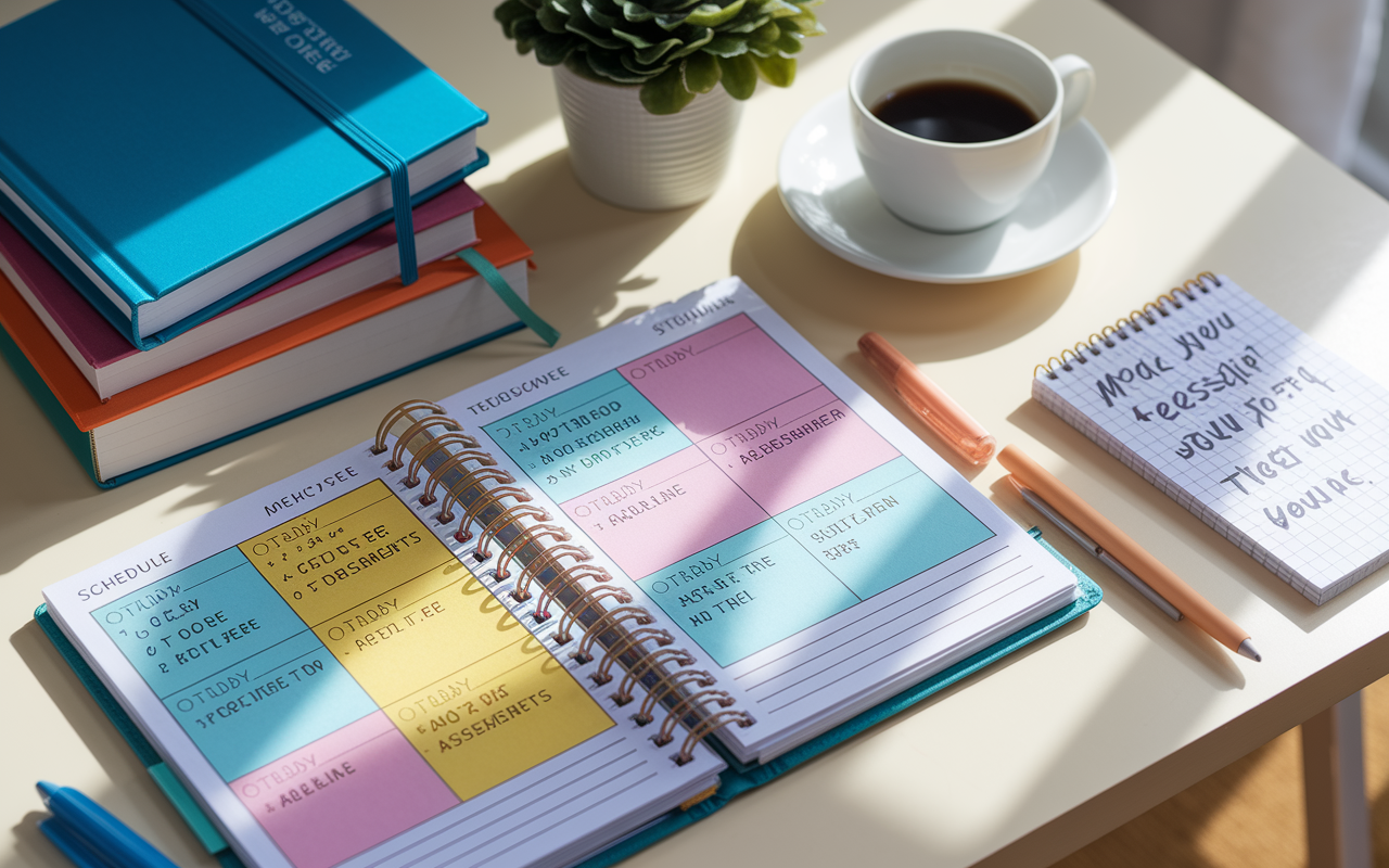 An open planner on a well-lit desk filled with medical textbooks and study materials. The planner displays a colorful schedule with various tasks and deadlines labeled for studying and assessments. A cup of coffee sits beside it, with a notepad featuring doodles and motivational quotes. Soft sunlight illuminates the desk, creating a warm, inviting atmosphere that symbolizes a dedicated study space.