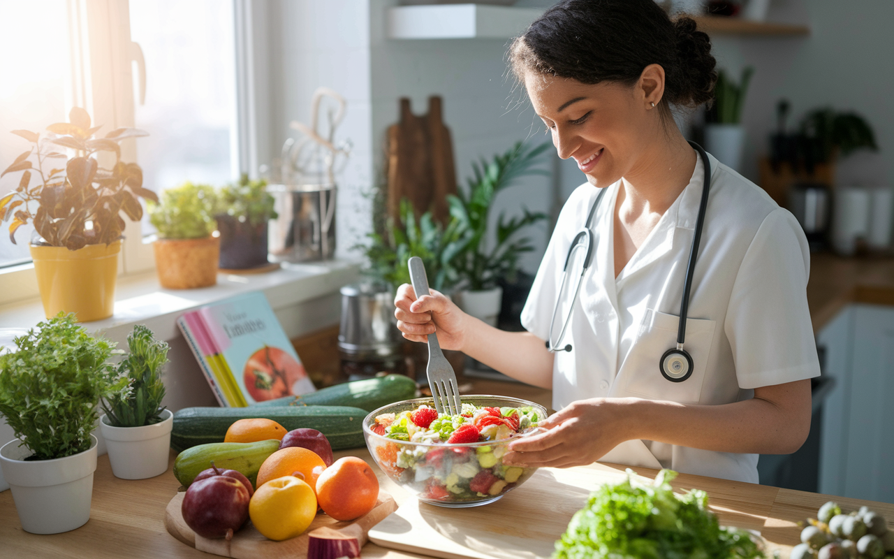 A vibrant kitchen scene with a first-year medical student preparing a colorful salad filled with fresh vegetables and fruits. Sunlight streams through the window, highlighting the array of healthy ingredients. The student exhibits a sense of satisfaction while cooking, showcasing the importance of maintaining a balanced diet amidst the stresses of medical school. The kitchen is cozy and inviting, filled with plants and healthy cookbooks.