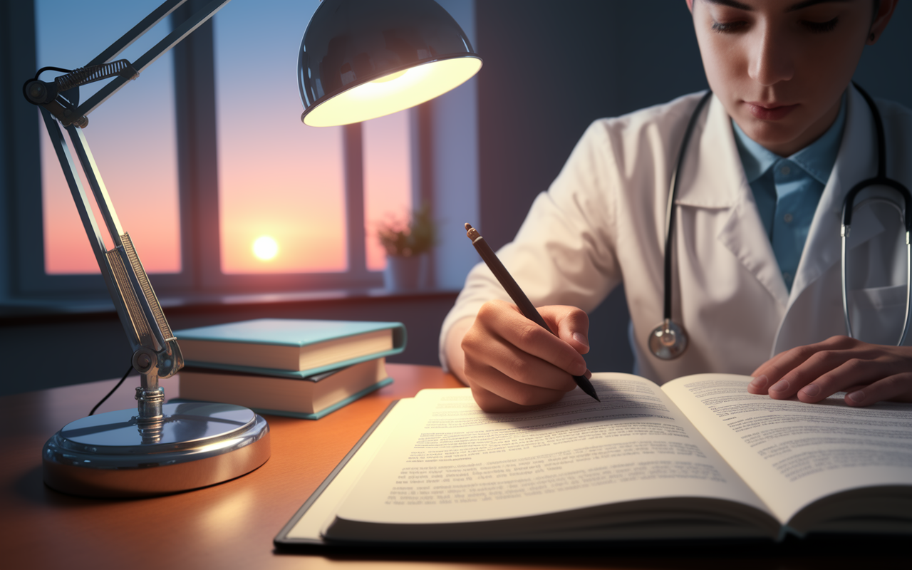 A serene study area featuring a first-year medical student writing in a journal, surrounded by medical books and study notes. The student appears contemplative, capturing insights and experiences. A soft desk lamp casts a warm glow, creating a peaceful ambiance, while the window shows a sunset, symbolizing reflection and personal growth. The journal is open to a page filled with thoughts and goals.