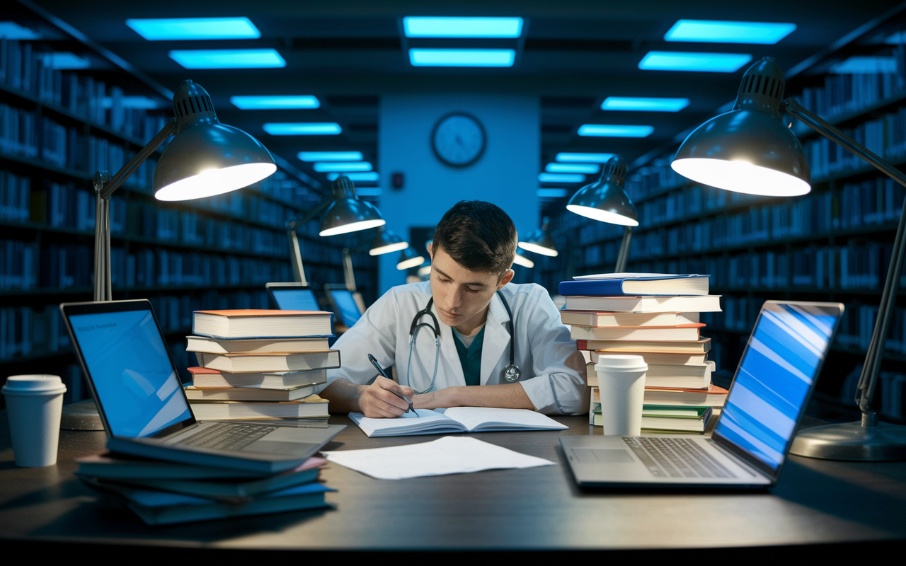 An intense study scene inside a dimly lit library late at night, with a medical student surrounded by piles of textbooks and notes. The student, looking determined, is scribbling notes while glowing laptop screens reflect a focused atmosphere. The warm light from nearby lamps contrasts with the cool blue light of the screens. Empty coffee cups scattered about imply long hours spent studying, and the clock on the wall shows it's well past midnight, emphasizing the relentless pressures of medical school.