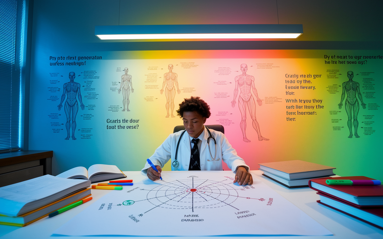 A focused medical student is seated at a desk crowded with textbooks and colorful markers, creating a large concept map on a whiteboard. The walls are adorned with anatomical diagrams and motivational quotes. The overhead lighting casts a bright glow on the vibrant colors of the diagrams, reflecting the dynamic study approach. The atmosphere is busy yet inspiring, representing an active learning environment filled with energy and creativity.