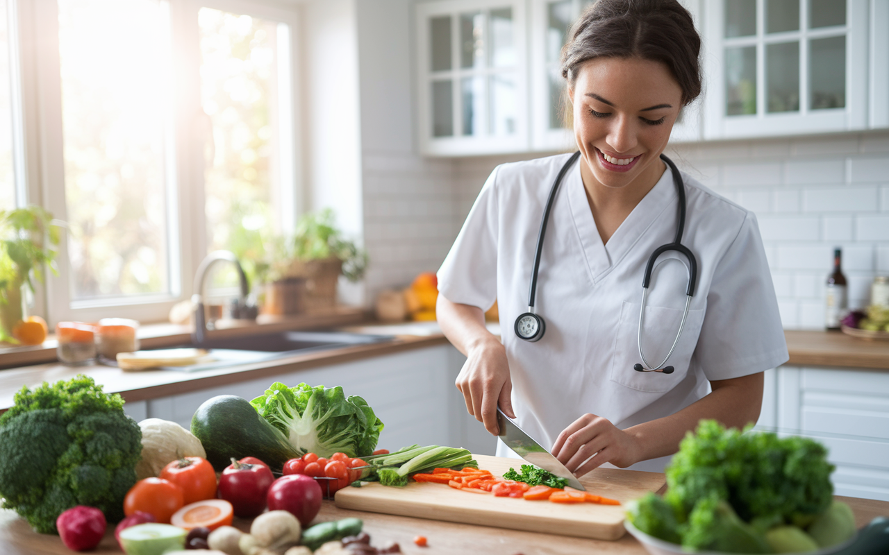 A brightly lit kitchen where a medical student is chopping fresh vegetables and preparing a colorful, healthy meal. The kitchen is organized, and various ingredients are spread out, showcasing a commitment to nutrition. The student's expression is one of satisfaction and enjoyment, illustrating the importance of self-care and maintaining a healthy lifestyle amidst the demands of medical school. Natural light streams in through the window, creating an inviting and warm atmosphere.