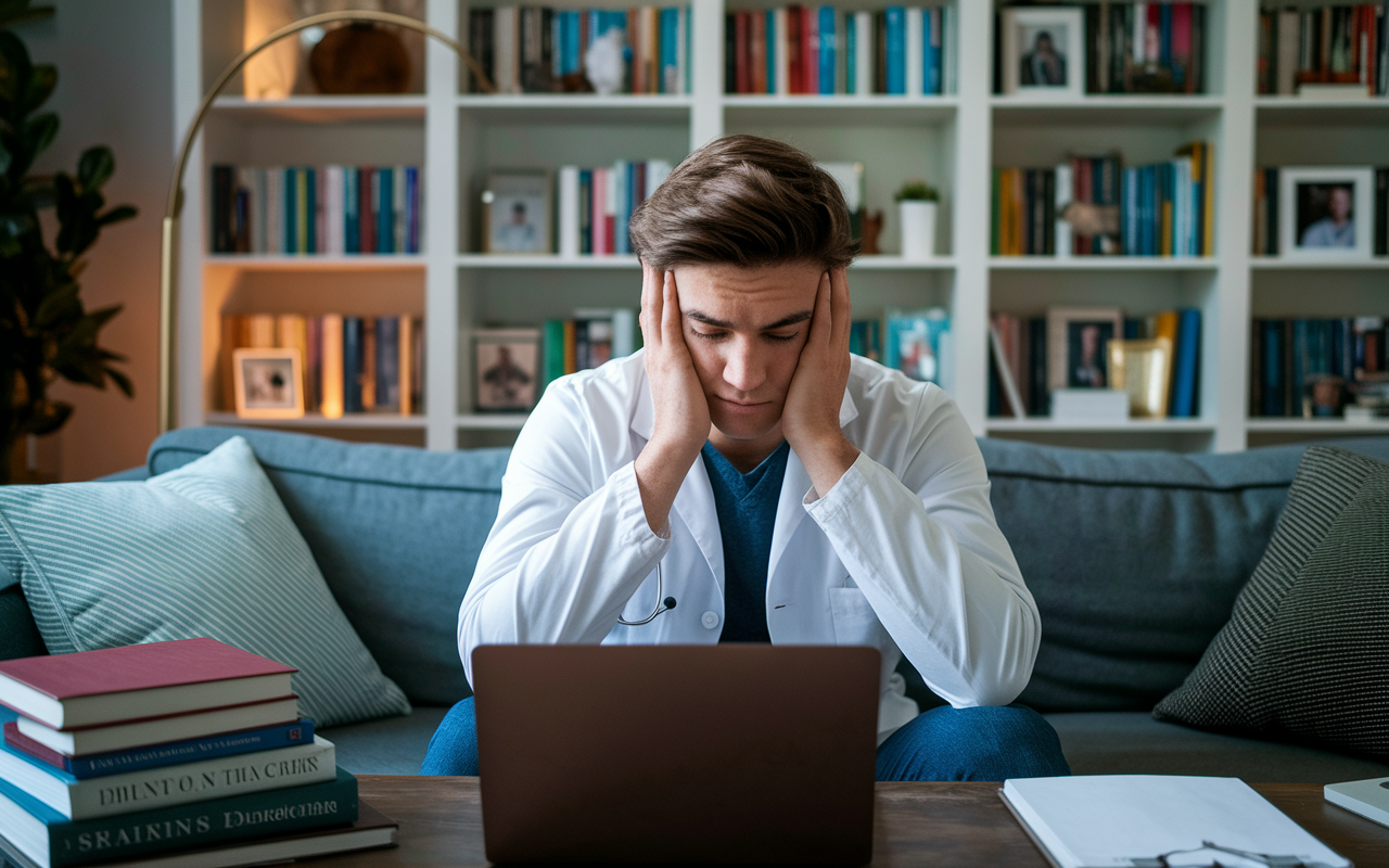 A comforting scene of a medical student at home on a video call with family, the student’s expression reflecting a mix of stress and gratitude. The setting is a modest living room filled with books related to medicine, a laptop in front of the student, and family photos in the background. Warm lighting and a soft atmosphere convey emotional support and familial connection.