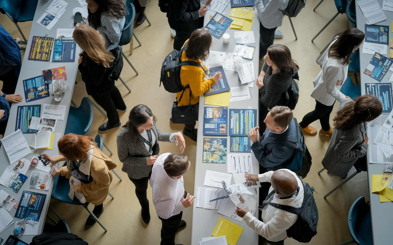 A vibrant scene at a medical school networking event, featuring diverse faculty and students engaged in animated conversations. Tables filled with informational brochures about research opportunities and internships are scattered throughout the room. Soft overhead lighting creates a welcoming atmosphere, fostering an environment ripe for connection and collaboration.