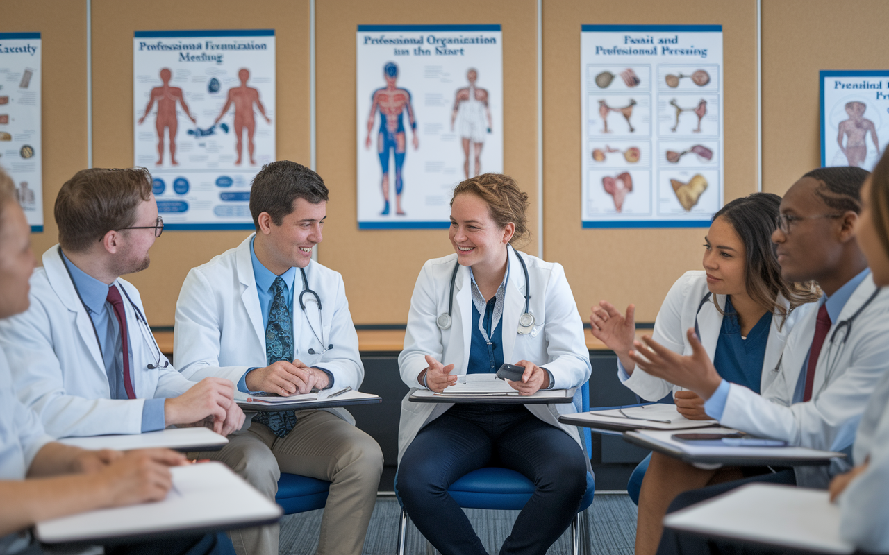 An image of a group of medical students seated in a classroom setting, discussing within a professional organization meeting. Charts and posters related to their medical specialty are displayed on the walls, and students are actively participating, showcasing enthusiasm and engagement in their professional pursuits.