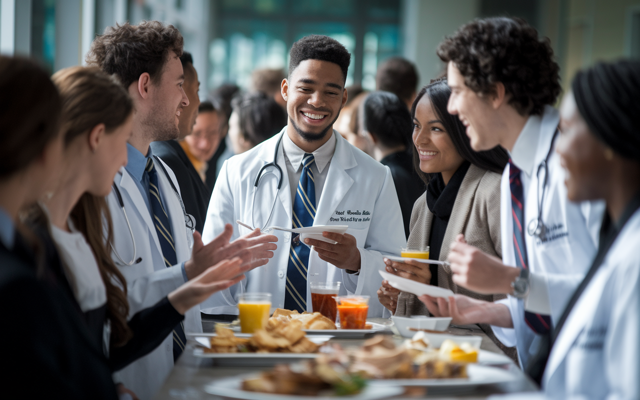 A lively social event at a medical school, where first-year students interact with upperclassmen amidst snacks and refreshments. Upperclassmen are sharing their experiences, while first-year students are listening eagerly, illuminated by soft ambient lighting, creating a warm and welcoming atmosphere for mentorship.