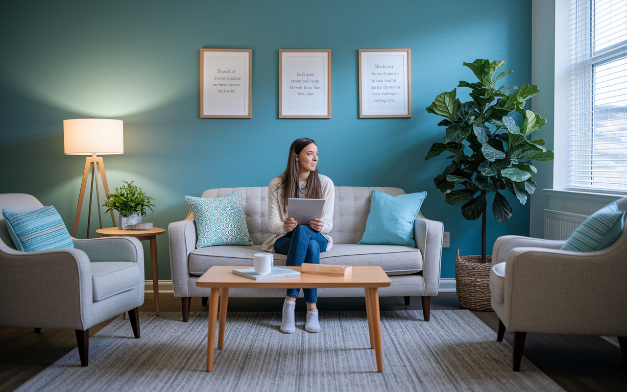 An inviting counseling office, featuring a student sitting on a comfortable sofa, conversing with a mental health professional. The room is decorated with calming colors and soft lighting, conveying a safe space for emotional exploration and support during stressful times.