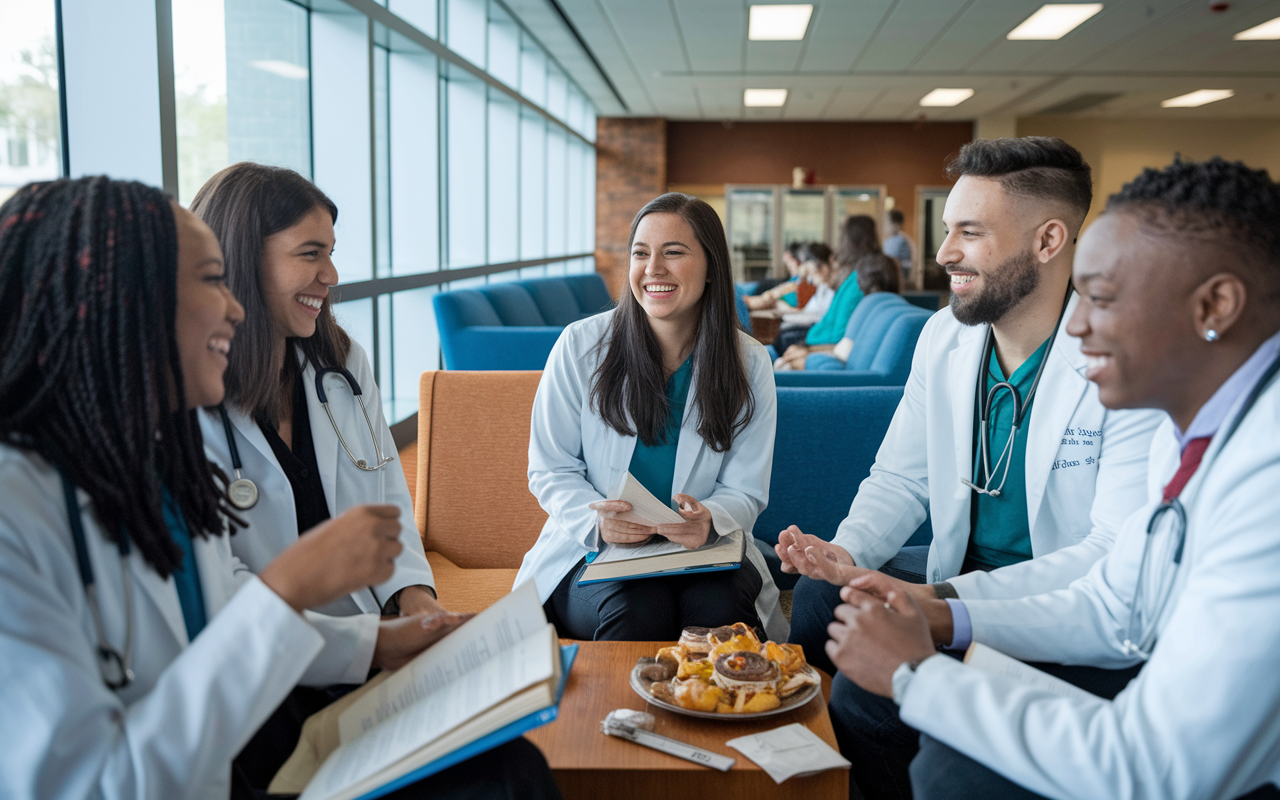 A heartwarming scene of Sarah, a medical student, smiling and laughing with a group of classmates in a study lounge, reflecting the support system she built. They are gathered around books and snacks, with an atmosphere of joy and connection, symbolizing the camaraderie and friendship that flourished during their shared journey in med school.