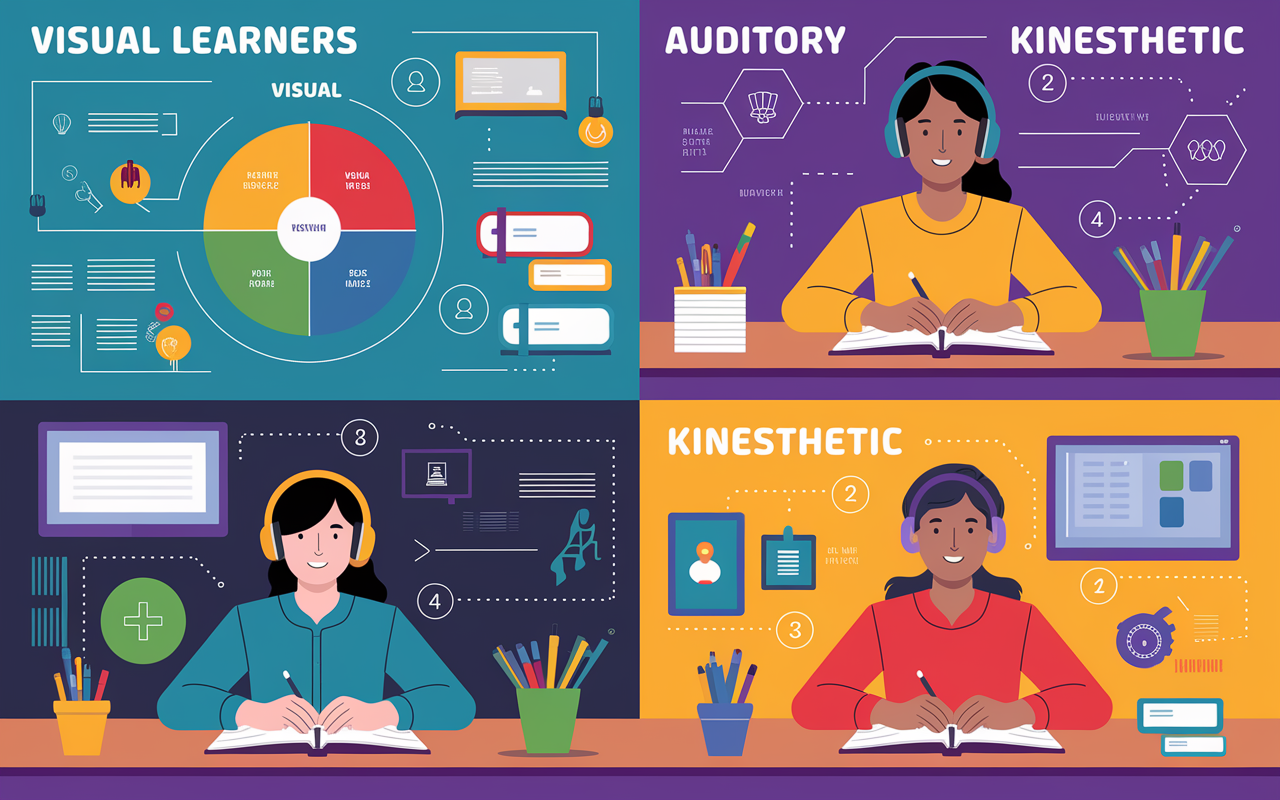 An infographic illustrating different learning styles: visual, auditory, and kinesthetic. Visual components include colorful diagrams for visual learners, a person with headphones for auditory learners, and a hands-on workshop scene for kinesthetic learners. The atmosphere is informative and engaging, reflecting a vibrant educational setting.