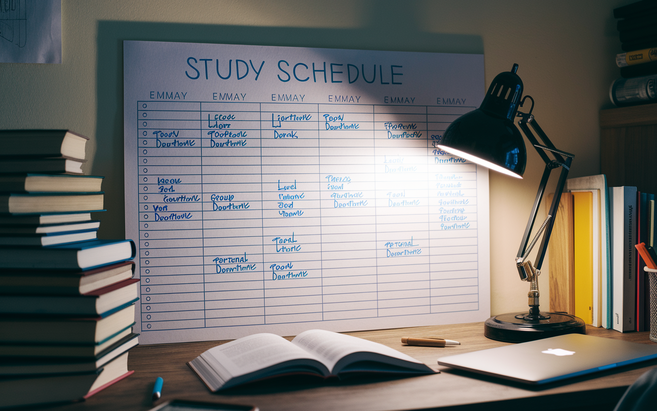 A detailed study schedule displayed on a wall planner in a cozy study room. The planner shows time slots for lectures, lunch breaks, group study sessions, and personal downtime. The room is illuminated by soft lamp light, with books piled on a desk, and a laptop open, creating an atmosphere of organization and calm.