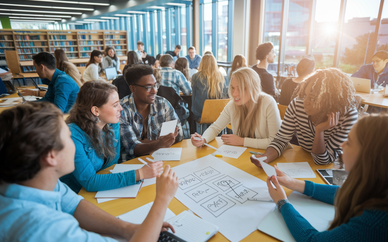 A vibrant scene of a diverse study group in a lively library environment. Students are actively discussing concepts, using flashcards, whiteboards with diagrams, and laptops. The atmosphere is busy and engaging, with sunlight filtering through large windows, indicating a collaborative spirit of learning.