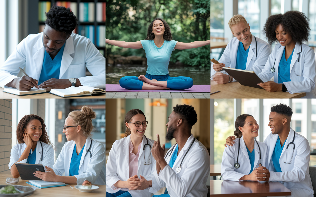 A collage of diverse medical students engaged in various activities: one is studying intensely, surrounded by notes and textbooks; another is practicing yoga in a calm, natural setting; a group is seen laughing and socializing together in a cafe, highlighting their support network. Each student exhibits a range of emotions, from focus and determination to relaxation and joy. The scene is bright and inspirational, capturing the balance of hard work and self-care in their medical school journey.