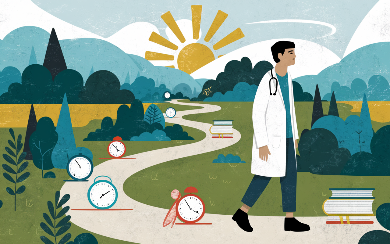 An artistic representation of a medical student walking a winding path through a scenic landscape, symbolizing their journey. Along the path, various challenges are depicted as obstacles like books, exams, and clocks representing time management, but rays of sunshine break through the clouds overhead, signifying hope, passion, and emotional resilience. The student is wearing a white coat, embodying their aspiration to become a physician, with a determined look on their face.