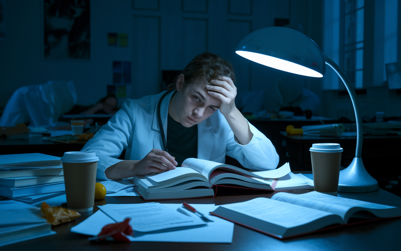 A dimly lit medical school study room showcasing a stressed medical student buried in textbooks and notes, surrounded by coffee cups and snack wrappers. The expression on their face reveals frustration and fatigue, illuminated by the cold glow of a study lamp. Papers are scattered everywhere, illustrating a chaotic and overwhelming atmosphere typical of intense study periods.