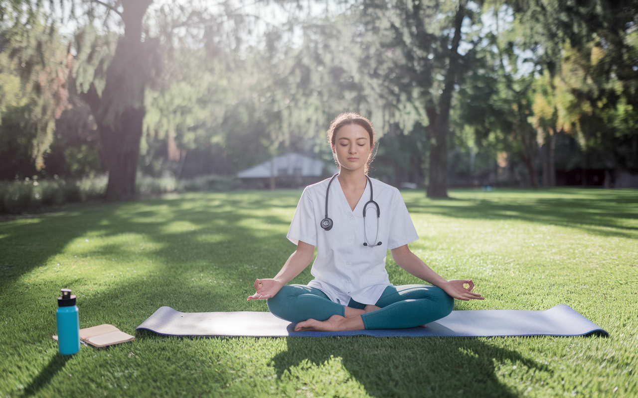 A serene outdoor scene with a medical student practicing yoga on a grassy field, surrounded by trees. The student is in a peaceful pose, reflecting a state of relaxation and mindfulness. Soft sunlight filters through the leaves, casting a gentle glow. A water bottle and a journal sit beside them, emphasizing the focus on self-care and mental wellness.