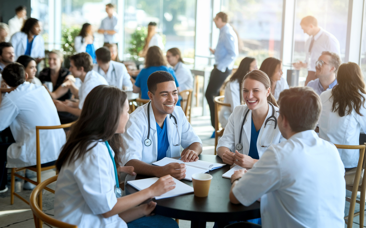 A vibrant scene of medical students gathered around tables in a campus coffee shop, engaging in lively conversations and laughter. Some are studying together while others share jokes, creating a warm atmosphere of friendship and support. Sunlight pours through the windows, creating an inviting environment filled with energy and camaraderie.