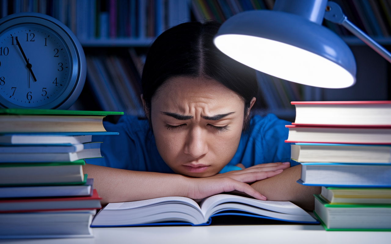 A close-up of a medical student's face showing signs of stress and fatigue, surrounded by textbooks and medical journals in a dimly lit study room, with a clock showing late hours, conveying the emotional toll of medical school pressure, illuminated by the soft glow of a desk lamp.