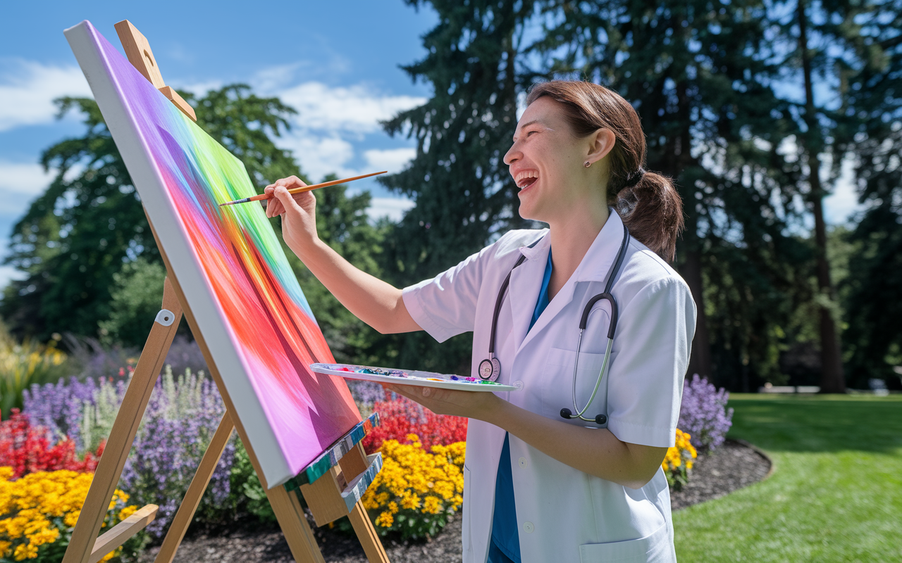 A vibrant scene of a medical student outdoors, laughing and painting on a canvas in a park, surrounded by vibrant flowers and tall trees, capturing the joy and tranquility of engaging in a hobby during leisure time, with a clear blue sky above.