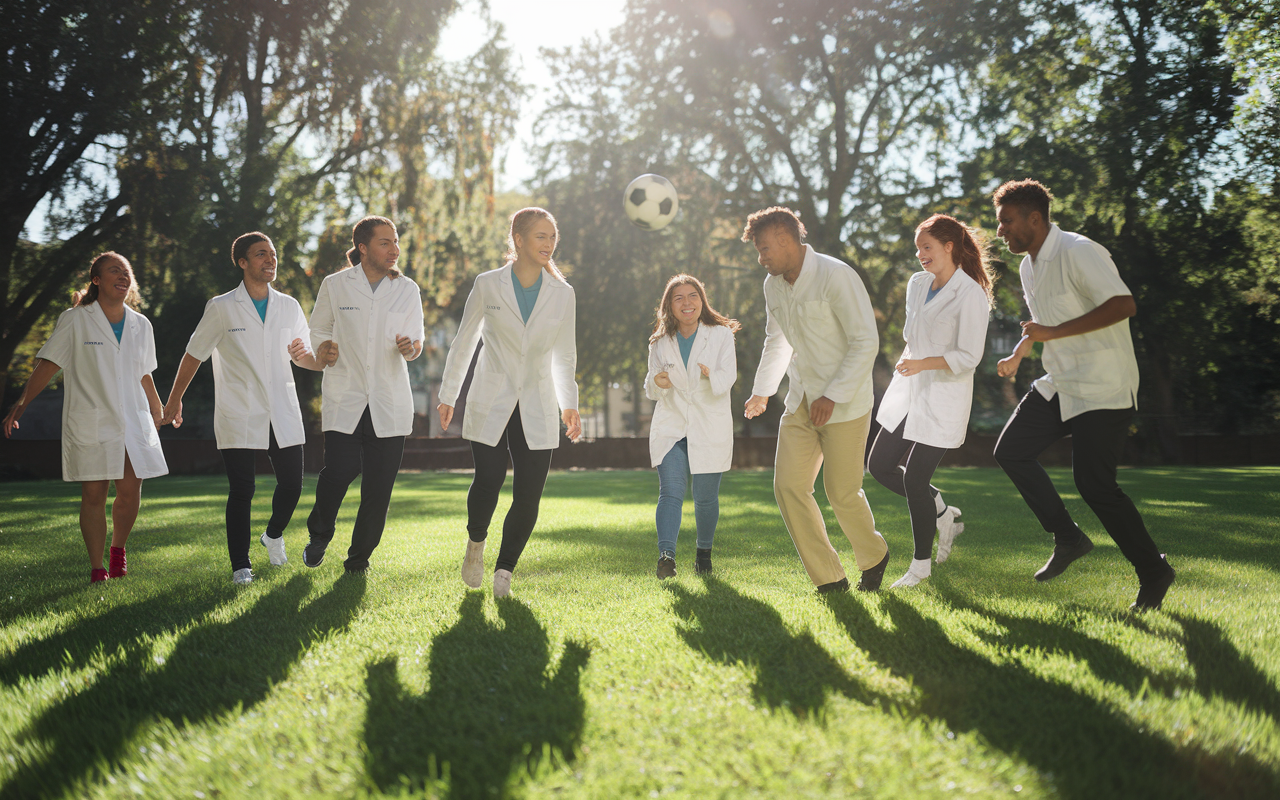 An energetic scene depicting a group of medical students participating in a soccer game at a sunny park, with laughter and camaraderie, lush green grass underfoot, bright sunlight casting shadows, showcasing the joy and health benefits of physical activity.