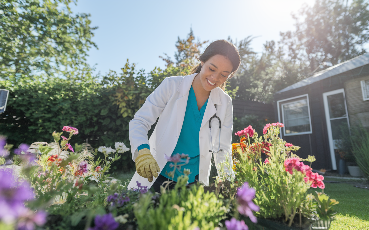 A cheerful scene of a medical student happily gardening in a sunlit backyard, surrounded by colorful flowers and plants, the student is engaged with nature, showcasing the rejuvenating power of pursuing hobbies, with a bright blue sky above.