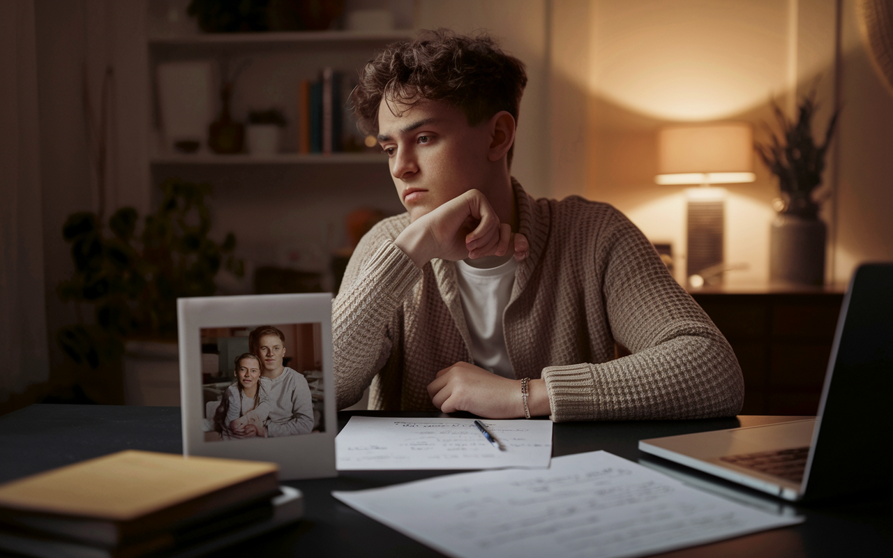 A young student sitting at a desk in a cozy, warmly lit study room, looking thoughtfully at a photo of a family member undergoing treatment. The atmosphere conveys both struggle and determination. Papers with handwritten notes and a laptop are scattered on the desk, hinting at the student's commitment to overcoming personal challenges and the desire to pursue a career in medicine. Soft, warm lighting casts gentle shadows, enhancing the mood of introspection.