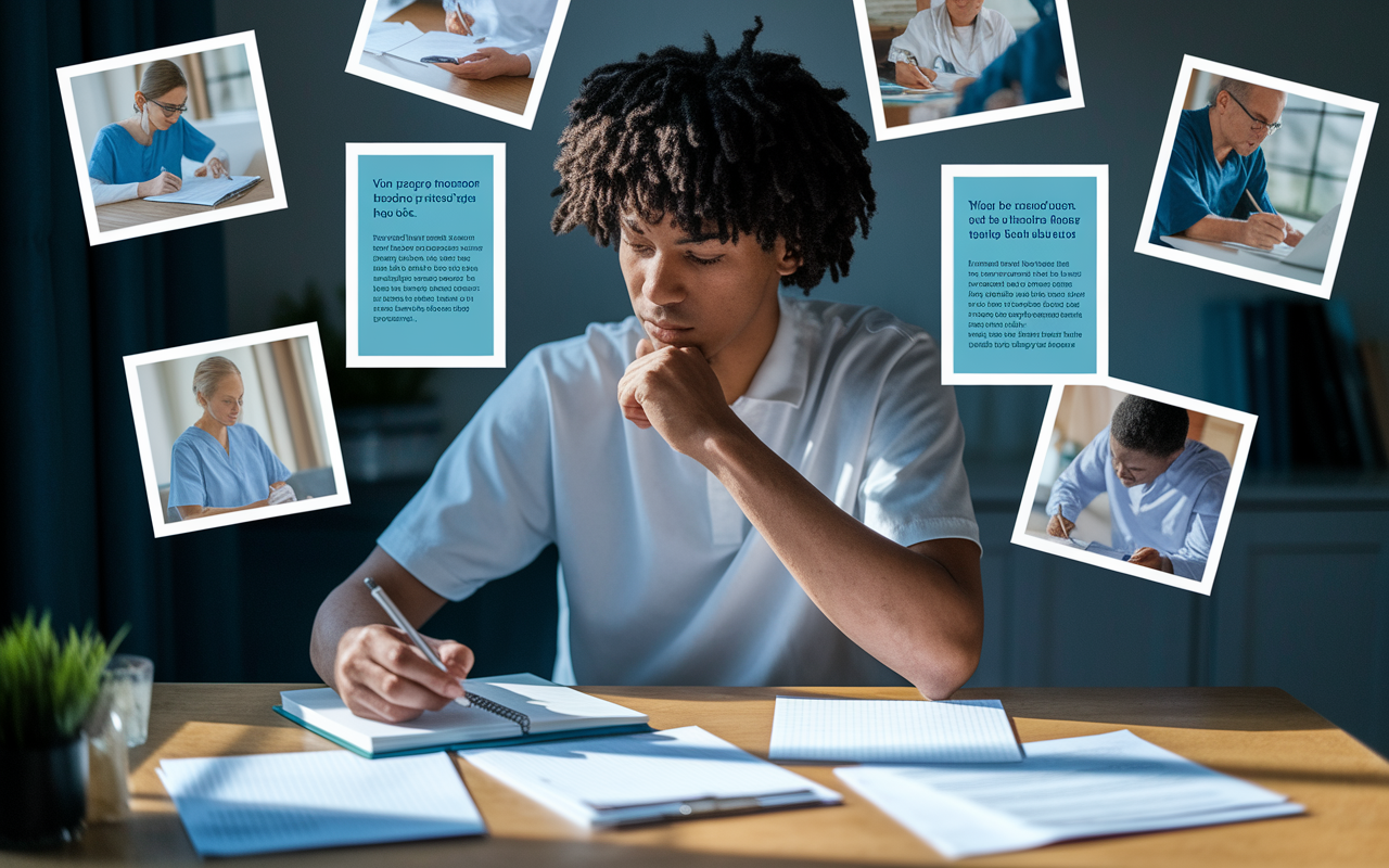 A thoughtful medical school applicant is writing in a notebook at a desk, with images of patients and healthcare interactions displayed around them. The room is illuminated with soft light, creating a reflective atmosphere. Papers are neatly organized, with highlighted sections revealing key personal experiences and lessons learned. The applicant's expression shows determination and clarity as they prepare to articulate their journey toward becoming a physician.