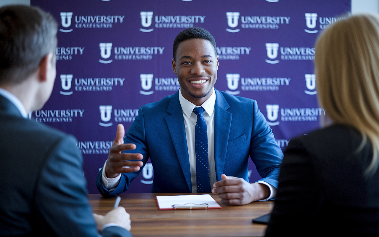 A confident medical school applicant dressed professionally, seated in a well-lit interview room, discussing their unique experiences with an interview panel. The expression is earnest and passionate, reflecting dedication to the field of medicine. The panelists, engaged and attentive, are seated across the table with a backdrop of university branding, creating an atmosphere of professionalism and aspiration.