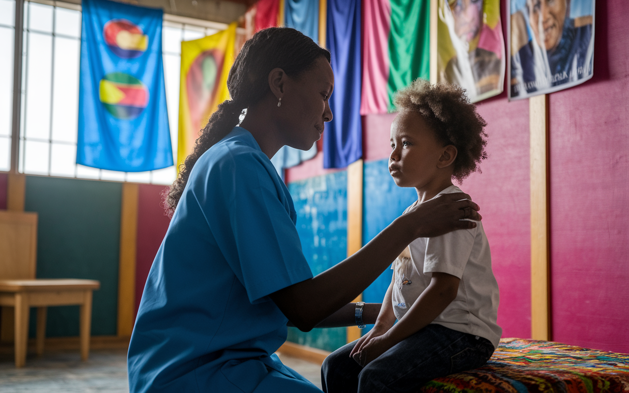 A compassionate volunteer treating a young child in a vibrant, colorful room of a refugee clinic. The child looks apprehensive yet hopeful, and the volunteer, wearing a medical coat, is gently engaging with the child. Surrounding them are banners and posters representing different cultures—indicating a welcoming and supportive environment. Warm, natural light streams through the windows, highlighting the emotional connection and dedication to care.