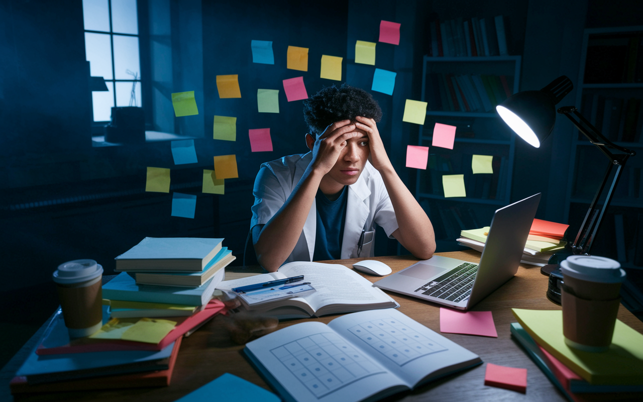 A stressed first-year medical student, tired and surrounded by a chaotic study environment filled with sticky notes, textbooks, and empty coffee cups. The student sits at a cluttered desk with a digital calendar open on a laptop, looking overwhelmed as they try to prioritize tasks. The room is dimly lit with a single overhead bulb, casting dramatic shadows, creating an atmosphere of urgency and pressure.