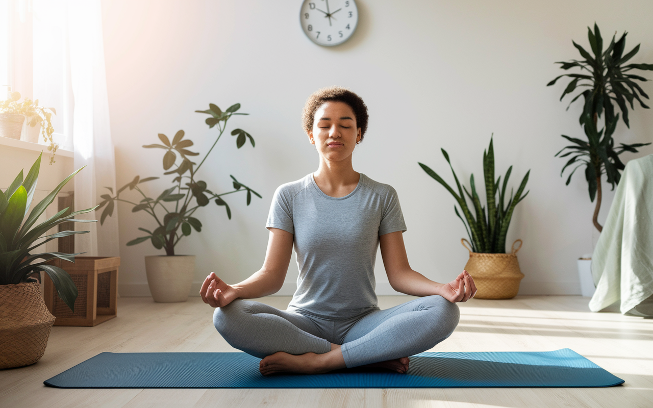 A serene scene of a first-year medical student meditating on a yoga mat in a sunlit room, surrounded by plants and calming decor. The student, dressed in comfortable athletic wear, appears relaxed with their eyes closed, embodying peace. In the background, a wall clock shows early morning hours, emphasizing the importance of self-care and time management amidst a busy schedule.