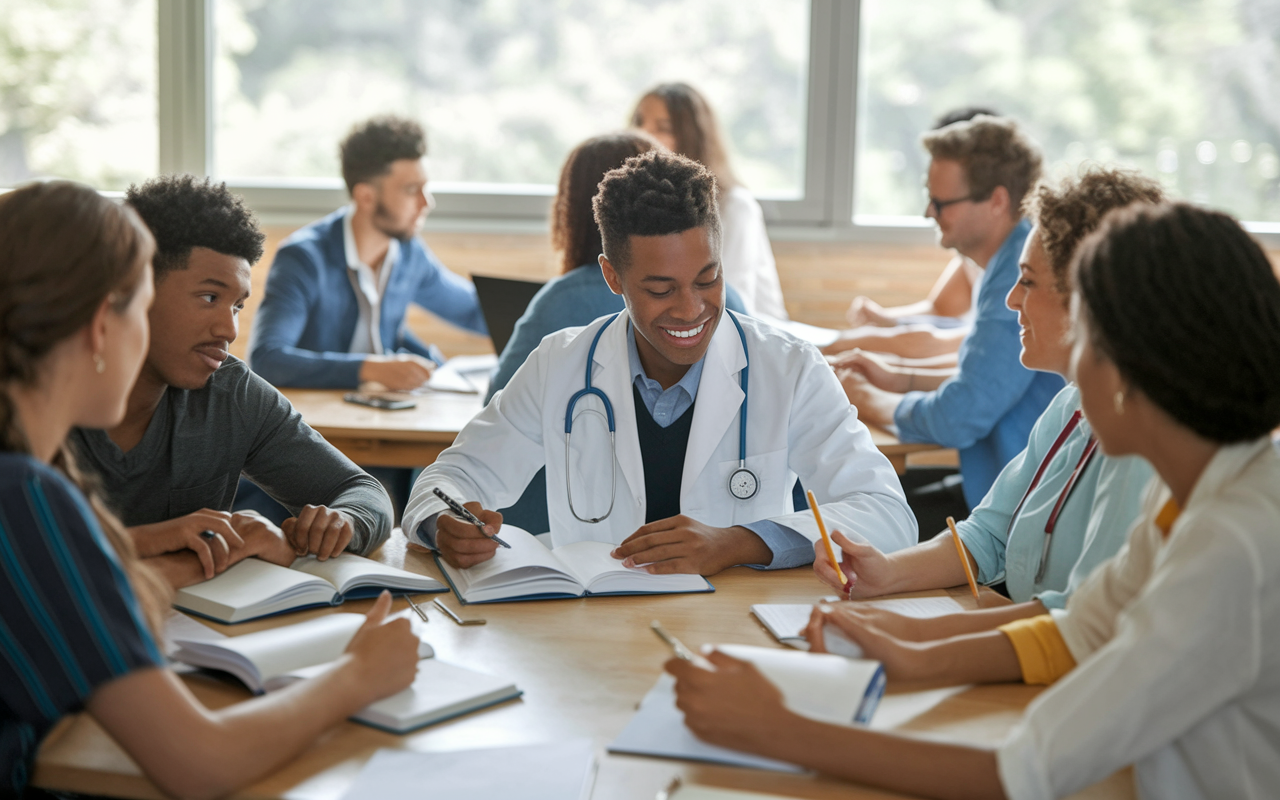 A first-year medical student in a classroom surrounded by peers, actively participating in a study group, collaboratively working on challenging subjects. The atmosphere is engaging, filled with textbooks, laptops, and animated discussions. Soft natural lighting from large windows creates a warm and inviting environment. The students share notes and ideas, showcasing the importance of networking and supporting each other in their educational journey.