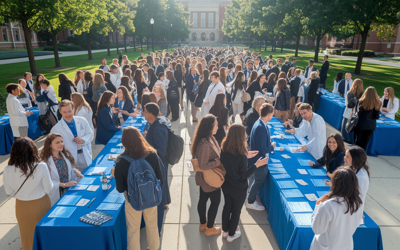 A lively medical school orientation event taking place outdoors on a sunny day, filled with students engaging in conversations and networking. Tables are set up with informational displays on different student organizations, while enthusiastic faculty and upperclassmen mingle with newcomers. The scene is vibrant, showcasing diversity and camaraderie, with the university's architecture in the background, symbolizing opportunity.